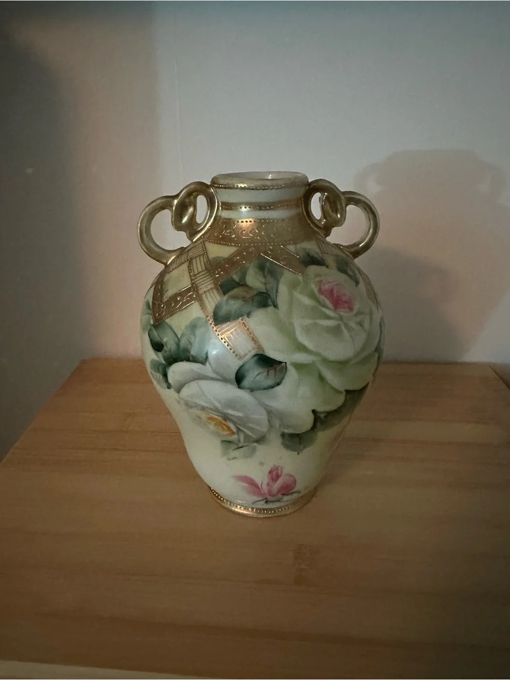 Hand-Painted Floral Ceramic Vase with Gold Trim - Cream, Green and Pink (AS-IS)